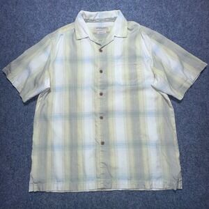 Tommy Bahama Relax Silk Blend Plaid Shirt Large Yellow Green Short Sleeve